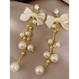 Celestique Pearls Beaded Korean Tasselled Bow Shaped Drop Earrings image 3