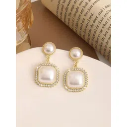 Celestria Artificial Stones Studded & Pearls Beaded Square Korean Drop Earrings-picture-11