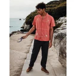 Celio Classic Windowpane Checked Cuban Collar Casual Shirt-picture-11