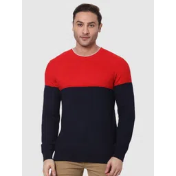 Celio Men Navy Blue & Red Colourblocked Cotton Pullover-picture-36