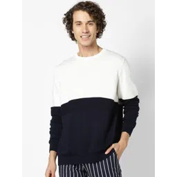 Celio Men Navy Blue & White Colourblocked Pullover Sweater-picture-10