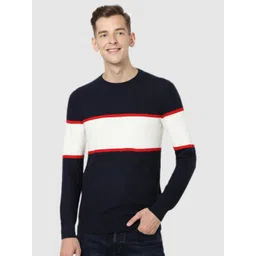 Celio Men Navy Blue & White Colourblocked Pullover sweater image 1