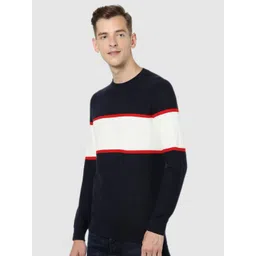 Celio Men Navy Blue & White Colourblocked Pullover sweater image 5