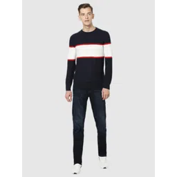Celio Men Navy Blue & White Colourblocked Pullover sweater image 3