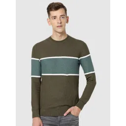 Celio Men Olive Green & Blue Colourblocked Pullover-picture-13