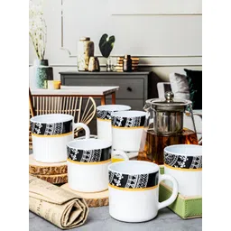 Cello White & Black Floral Printed Opalware Glossy Mugs Set of Cups and Mugs-picture-37