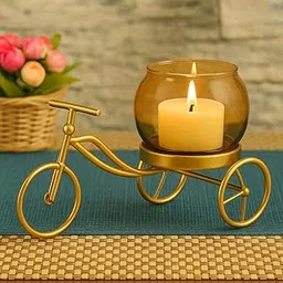 CentraLit Cycle Shape Gold TeaLight Candle Holder for Diwali Home Decor Center Table Bedroom Living Room Office Decorative Gift Items Flower Pot Stand with Amber Glass Cup,Return Gift-image-35