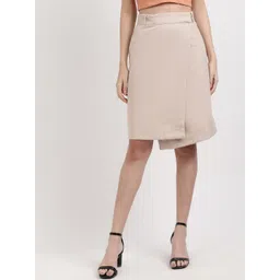 CENTRESTAGE Women Beige Solid Slim-Fit Wrap-Around Knee-Length Skirt-picture-12
