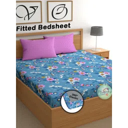 CG HOMES Blue & White Floral 210 TC Queen Bedsheet with 2 Pillow Covers image 1