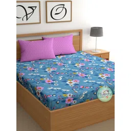 CG HOMES Blue & White Floral 210 TC Queen Bedsheet with 2 Pillow Covers image 3