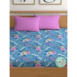 CG HOMES Blue & White Floral 210 TC Queen Bedsheet with 2 Pillow Covers image 2