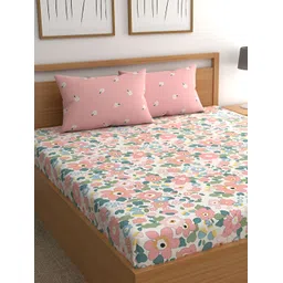 CG HOMES Pink & White Floral 160 TC Cotton Queen Bedsheet with 2 Pillow Covers image 1