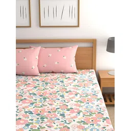 CG HOMES Pink & White Floral 160 TC Cotton Queen Bedsheet with 2 Pillow Covers image 2