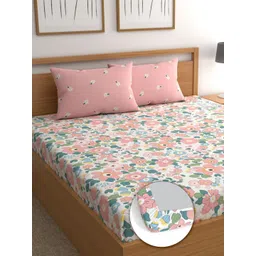 CG HOMES Pink & White Printed 160 TC Cotton Queen Fitted Bedsheet with 2 Pillow Covers-picture-16