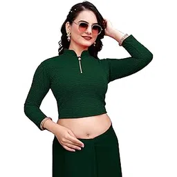 Chandan Tex Fab Fit Bit Crush Zipper Blouse | Stretchable Cotton Lycra Blouse for Women Readymade Full Sleeve Blouse | Available in 10 Colors | Sizes 28-40-picture-49