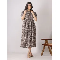 Chandbaali Floral Print Puff Sleeve A-Line Midi Dress-picture-22