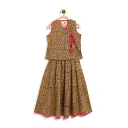 charkhee Girls Mustard & Pink Printed Ready to Wear Pure Cotton Lehenga Choli-picture-26