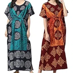 charlie crystals Women's Caftan/Kaftan Combo 2 Cotton Battik Floral Maxi Nighty Free Size-picture-49