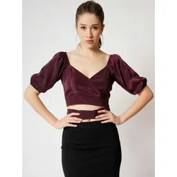 CHARMGAL Puff Sleeve Satin Wrap Crop Top-picture-24