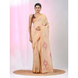 Charukriti Beige Linen Zari Saree With Unstitched Blouse-picture-18