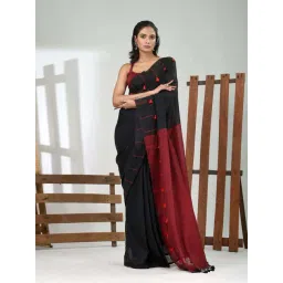 CHARUKRITI Black Cotton Colourblocked Saree With Unstitched Blouse-picture-33