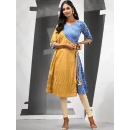CHARUKRITI Blue & Yellow Cotton Printed Angrakha Kurta-picture-14