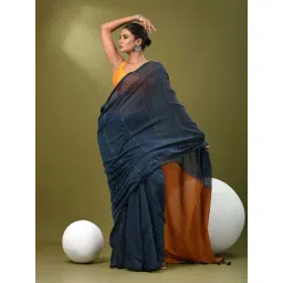 CHARUKRITI Blue Cotton Colourblocked Saree With Unstitched Blouse-picture-26