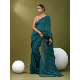 CHARUKRITI Blue Cotton Colourblocked Saree With Unstitched Blouse-picture-21