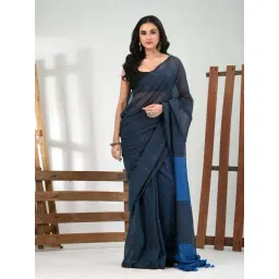 CHARUKRITI Blue Cotton Colourblocked Saree With Unstitched Blouse-picture-19