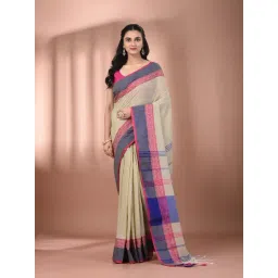 CHARUKRITI Ecru Cotton Stripes Saree With Unstitched Blouse-picture-32