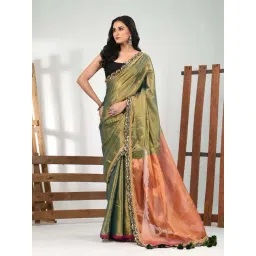 CHARUKRITI Green Colourblocked Saree With Unstitched Blouse-picture-14