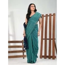 CHARUKRITI Green Cotton Colourblocked Saree With Unstitched Blouse-picture-23