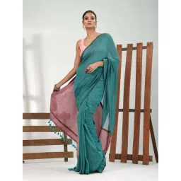 CHARUKRITI Green Cotton Colourblocked Saree With Unstitched Blouse-picture-29