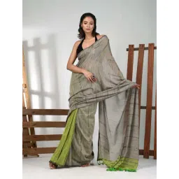 CHARUKRITI Grey Cotton Colourblocked Saree With Unstitched Blouse-picture-30