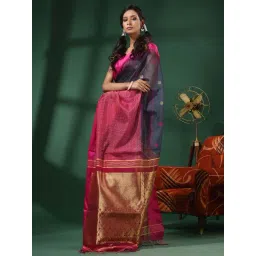 CHARUKRITI Navy & Magenta Woven Saree With Unstitched Blouse image 3