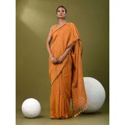 CHARUKRITI Orange Cotton Colourblocked Saree With Unstitched Blouse-picture-17