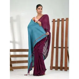 CHARUKRITI Purple Cotton Colourblocked Saree With Unstitched Blouse-picture-31