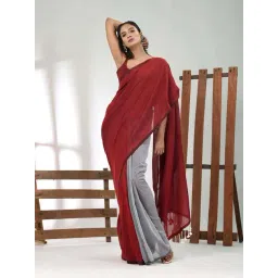CHARUKRITI Red & Grey Cotton Colourblocked Saree With Unstitched Blouse-picture-36