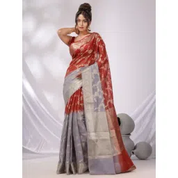 CHARUKRITI Red & Grey Woven Saree With Unstitched Blouse-picture-15