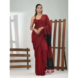 CHARUKRITI Red Cotton Colourblocked Saree With Unstitched Blouse-picture-35