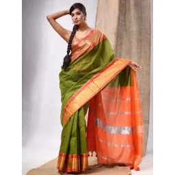 CHARUKRITI Sap Green & Orange Cotton Silk Woven Saree With Unstitched Blouse-picture-42