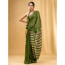 CHARUKRITI Sap Green Cotton Striped Saree With Unstitched Blouse-picture-37