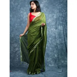 CHARUKRITI Sap Green Cotton Striped Saree With Unstitched Blouse-picture-36