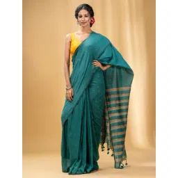 CHARUKRITI Sea Green Cotton Striped Saree With Unstitched Blouse-picture-26