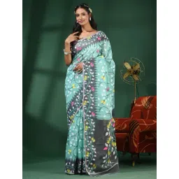 CHARUKRITI Sea Green Cotton Woven Saree With Unstitched Blouse-picture-38