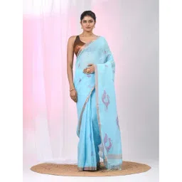 Charukriti Sky Blue Linen Zari Saree With Unstitched Blouse-picture-40