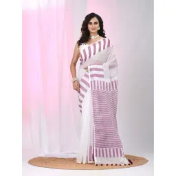 Charukriti White & Purple Cotton Striped Saree With Unstitched Blouse-picture-20