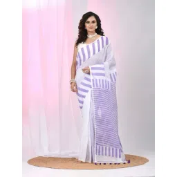 Charukriti White & Violet Cotton Striped Saree With Unstitched Blouse-picture-33