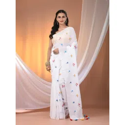 CHARUKRITI White Cotton Embroidered Saree With Unstitched Blouse-picture-19