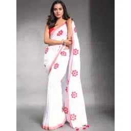 CHARUKRITI White Cotton Embroidered Saree With Unstitched Blouse-picture-31